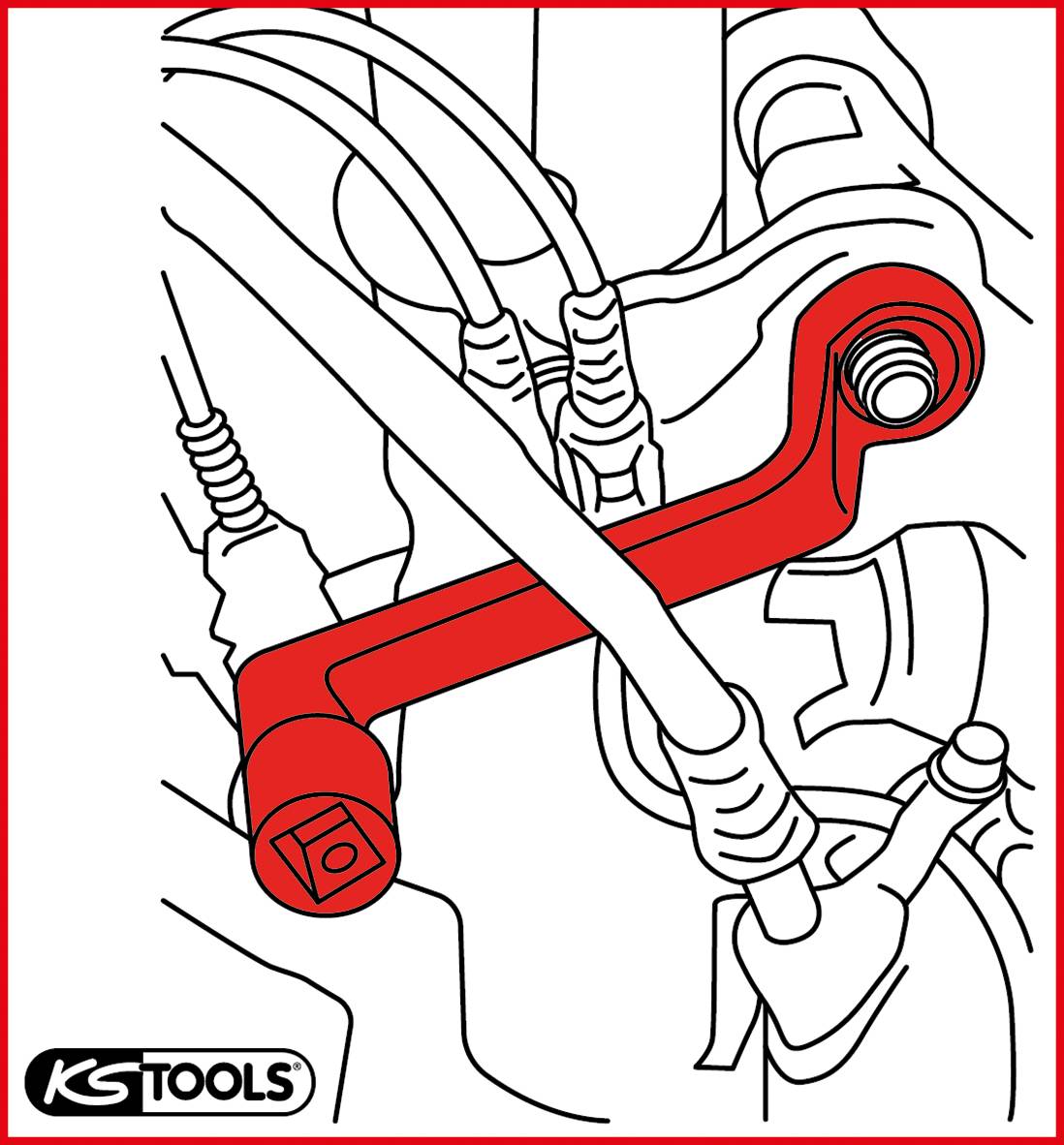 Ein rot hervorgehobenes Werkzeug von KS Tools, das zwischen Zündkerzenkabeln in einem Motorraum positioniert ist.