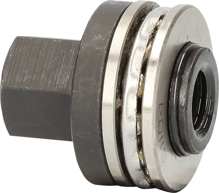 Schwarz-grauer Metall-Rollenlager mit sechseckigem Ende und starkem Wellenscharnier. Geeignet für industrielle Mechanismen und Maschinen.