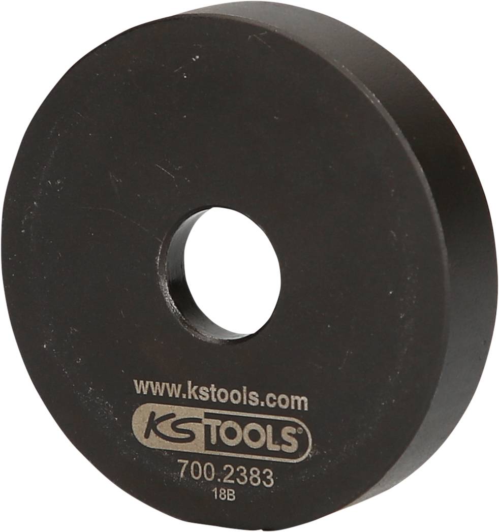 Schwarzmetallscheibe mit zentraler Öffnung, Aufschrift 'kstools.com KS TOOLS 700.2383'.