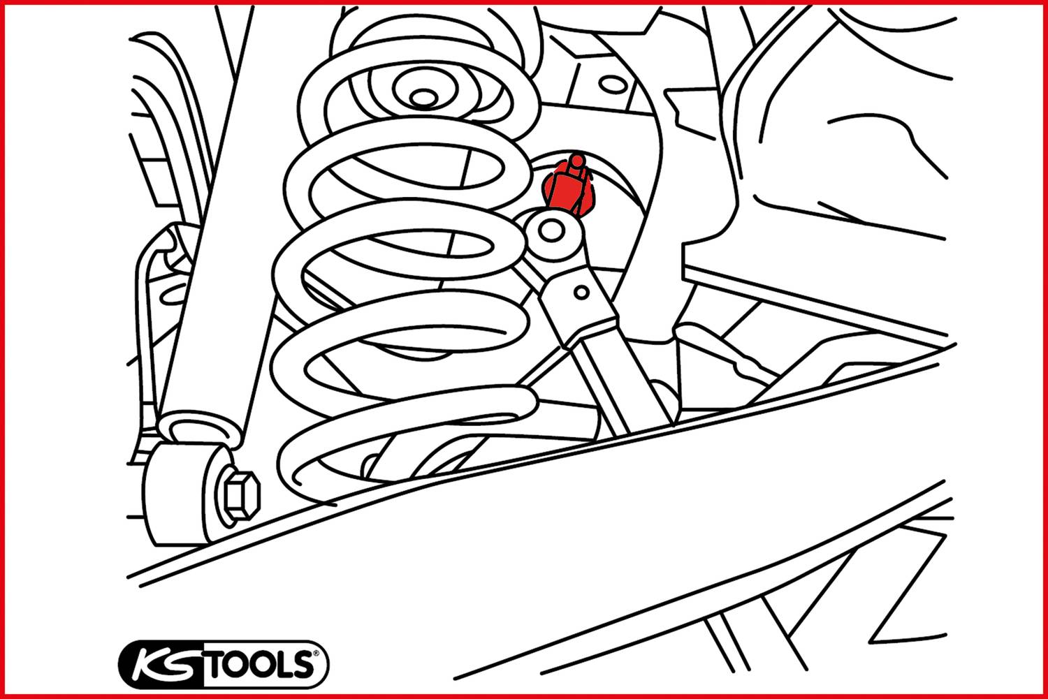 Zeichnung eines Fahrwerks mit einer ersetzten, rot markierten Feder von KS Tools.