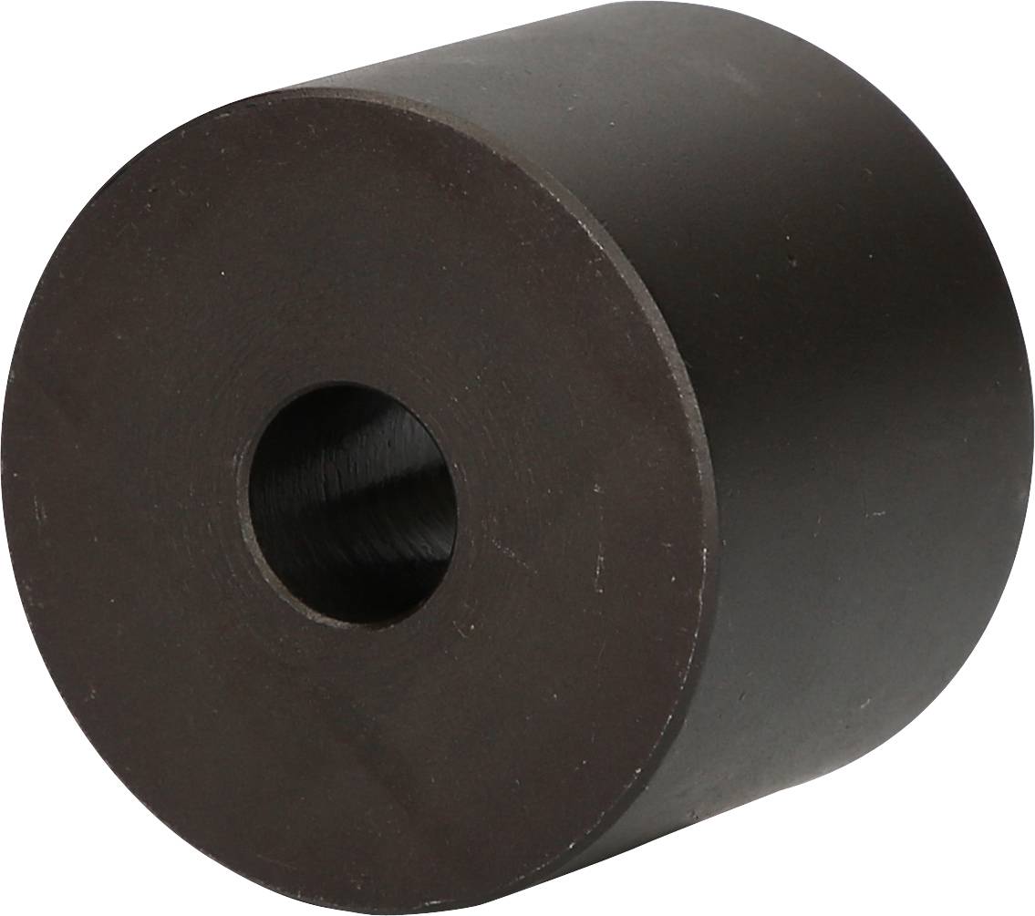 Schwarzer Zylinder mit zentralem Loch, aus festem Material. Geeignet für technische Anwendungen oder mechanische Komponenten.