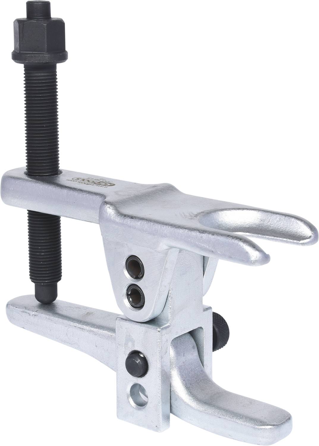 Ein silberner Kugelgelenkabzieher aus Metall mit schwarzer Schraubspindel, verwendet zum Lösen von Kugelgelenken in Fahrzeugen.
