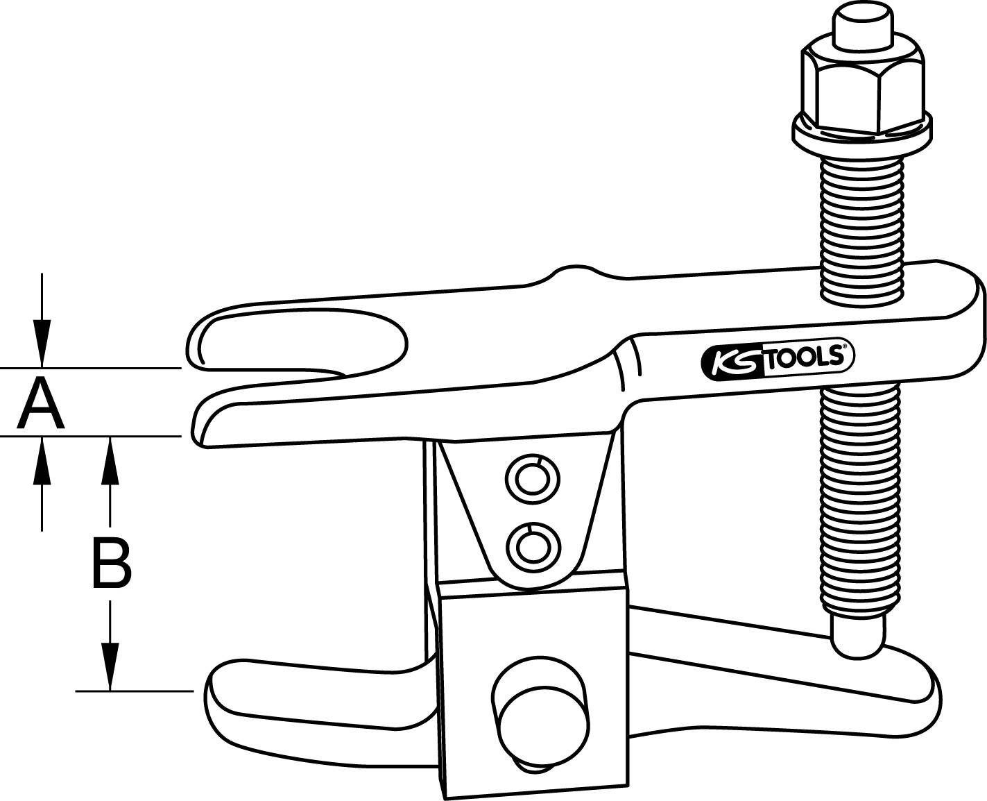 'Traggelenk-Ausdrücker'-Werkzeugdiagramm mit Maßen A und B. Schraubmechanismus zur Trennung von Bauteilen, mit KS Tools-Logo.