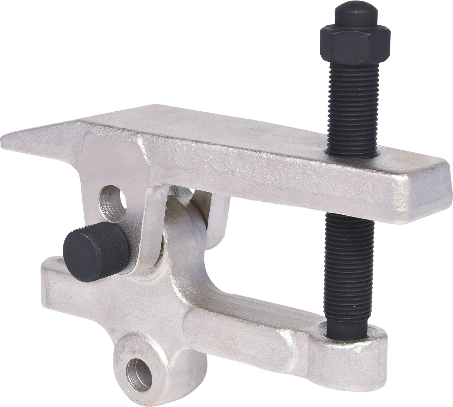 Metallische Schraubzwinge mit schwarzer Schraube, verwendet zum Fixieren von Werkstücken. Hochbelastbares Werkzeug für präzise Halteanwendungen.
