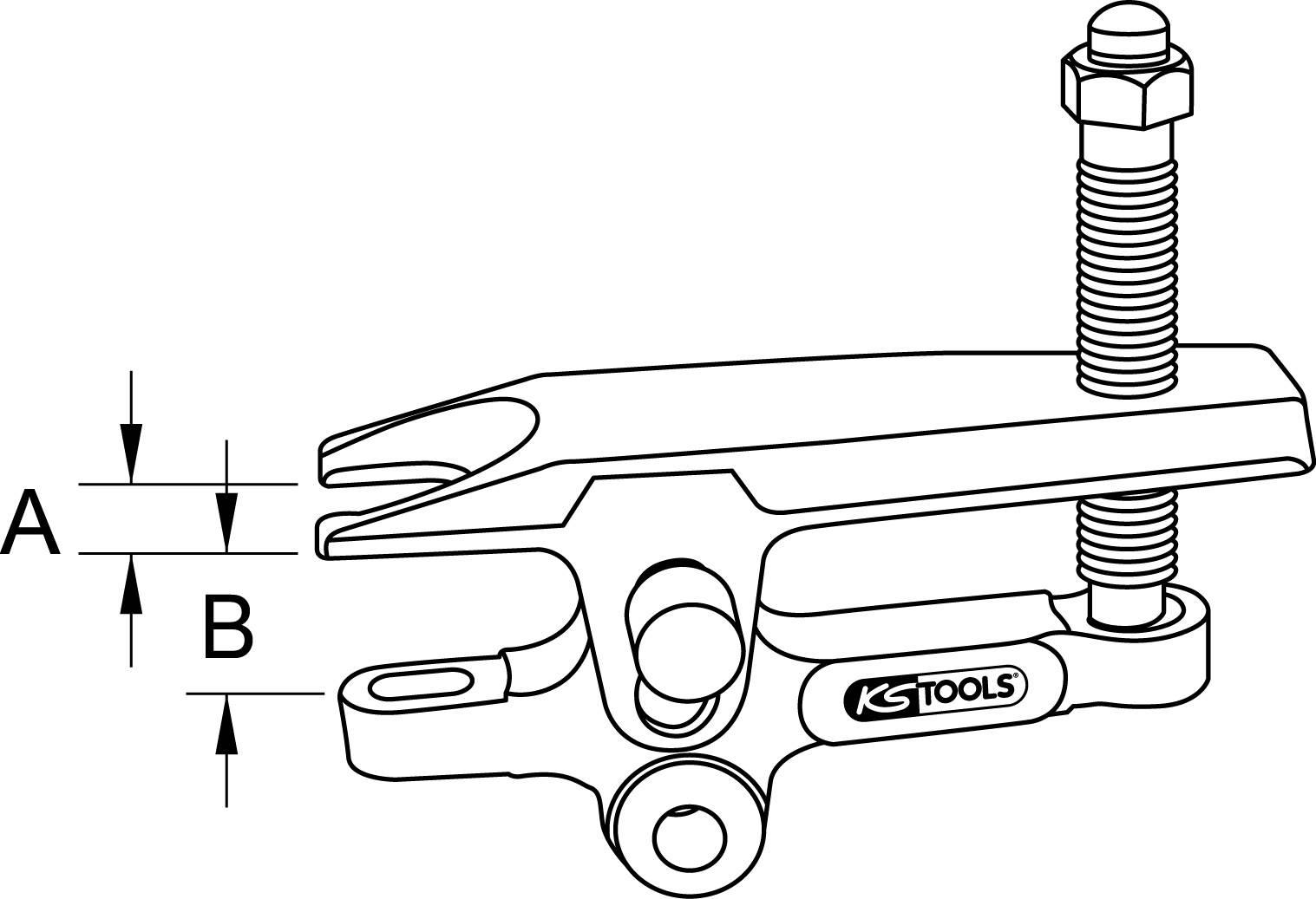 Illustration eines Werkzeugs, wahrscheinlich ein Abzieher, von KS Tools mit Details der Maße A und B. Beinhaltet Schraubenmechanismus.