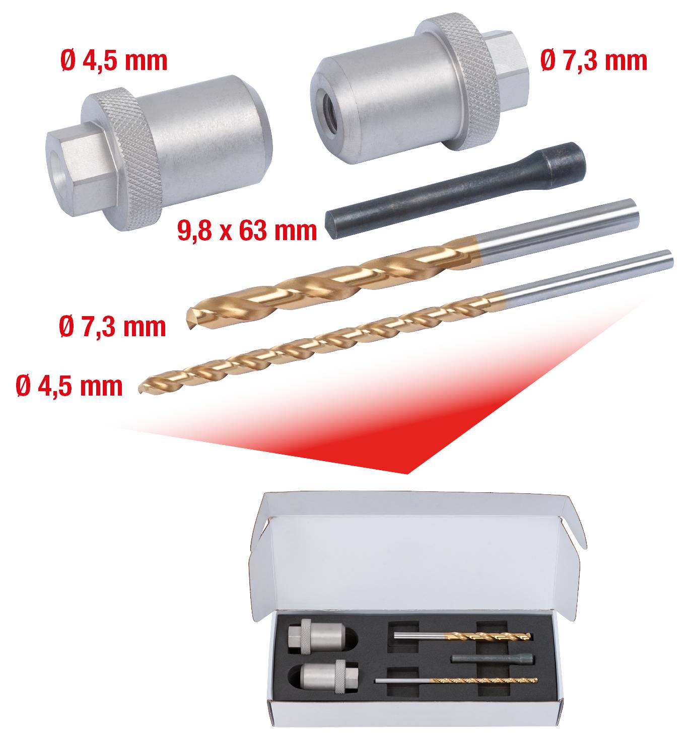 Ein Set bestehend aus zwei Bohrern, zwei Bohrernadeln und einer Bohrführungsaufnahme im Karton. Angaben: Ø 4,5 mm und Ø 7,3 mm.