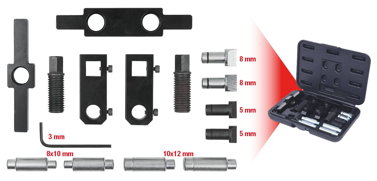Motorreparatur-Werkzeugset mit verschiedenen Metallteilen und Schrauben, bereit zur Verwendung, mit schwarzem Gehäuse zur Aufbewahrung.