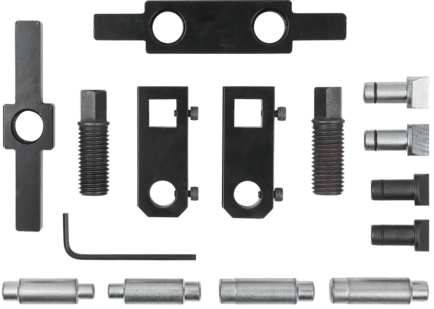 Ein Set von Auto-Werkzeugen aus schwarzem Metall, darunter zwei Halterungen, Schrauben und ein Inbusschlüssel, ausgerichtet auf einer Oberfläche.
