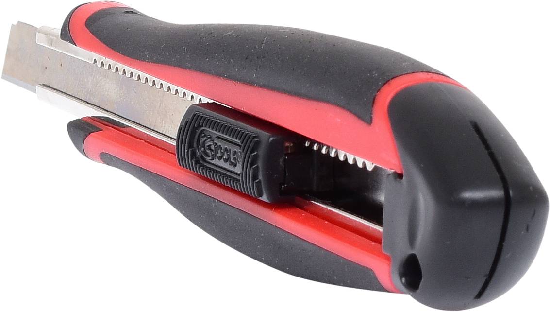 Ein schwarzes und rotes Cuttermesser mit einziehbarer Klinge, geeignet zum Schneiden von Papier oder Karton.