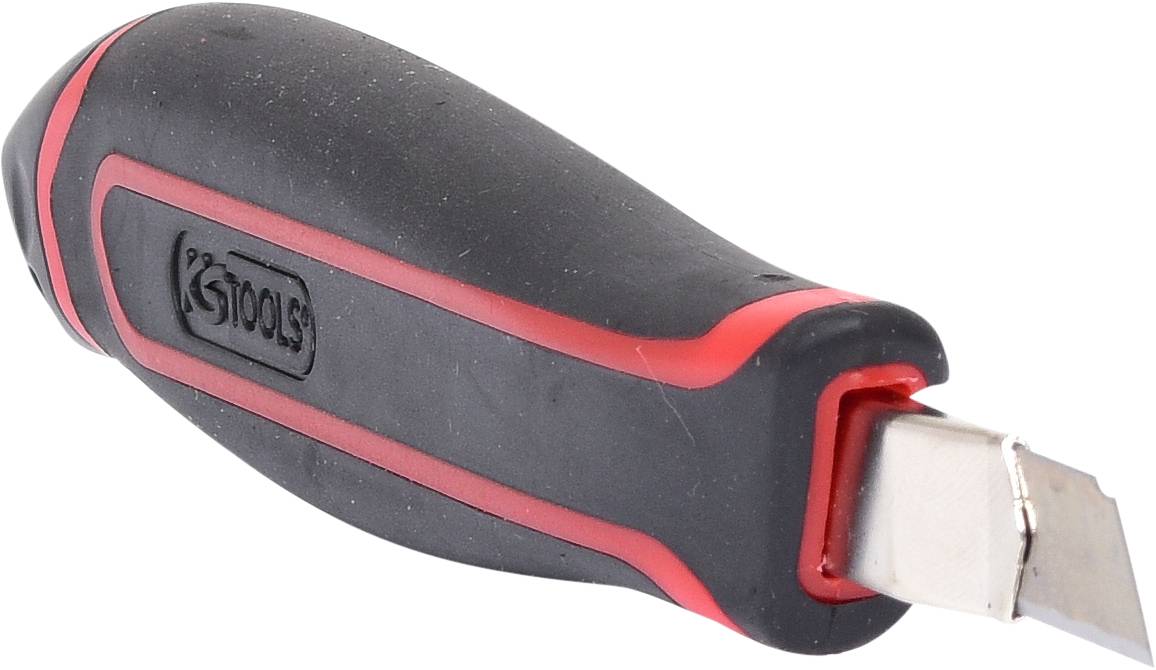 Schwarzes und rotes Universalmesser mit scharfer Klinge und ergonomischem Griff, geeignet für präzise Schnittarbeiten.