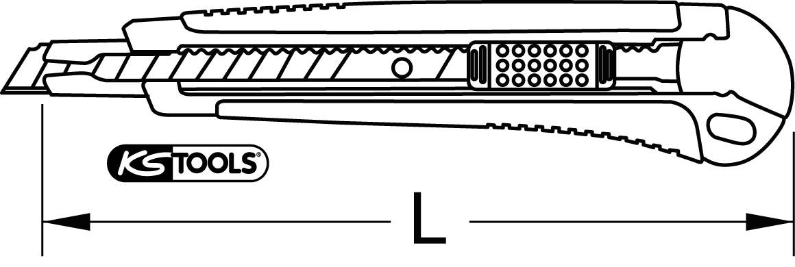 Abbildung eines Schneidmessers mit herausragender Klinge, geriffeltem Griff und 'KS TOOLS'-Logo. Geeignet zur präzisen Schneidarbeit.