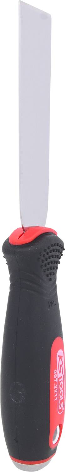 Schwarzer Schraubendreher mit rotem Akzent und einem flachen, breiten Klingenaufsatz. Ergonomischer Griff für besseren Halt.