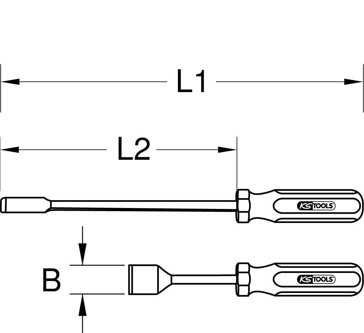 Schraubendreher mit langem Schaft dargestellt. Maße L1, L2 und B markiert, wobei L1 die Gesamtlänge, L2 die Schaftlänge und B die Breite ist.