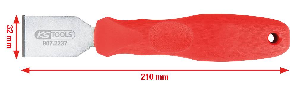 'KSTools' Spachtel mit 210 mm Länge, 32 mm Breite, rotem Griff und Loch zur Aufhängung.
