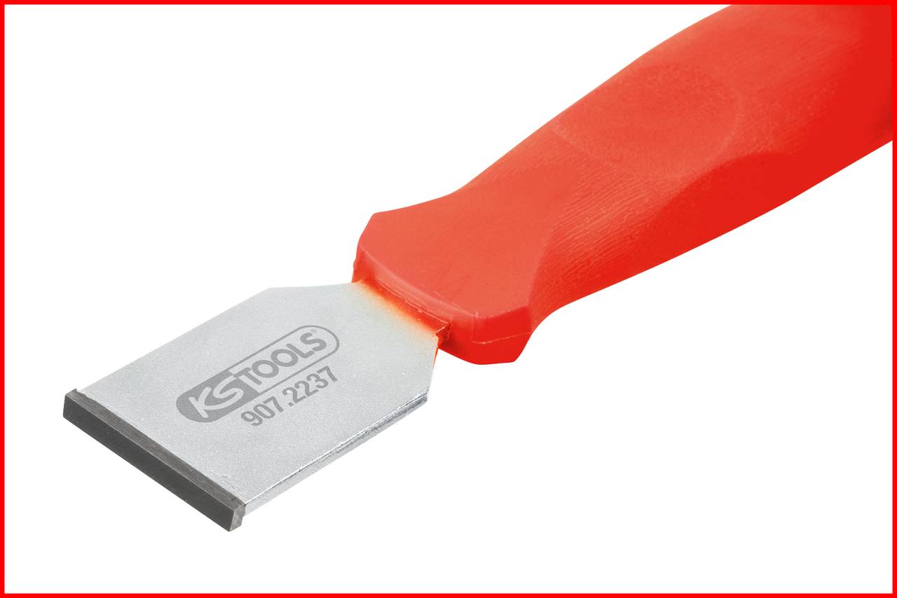 Ein roter Handschaber mit einer Metallklinge. Die Klinge ist mit 'KS Tools 907.2237' beschriftet.