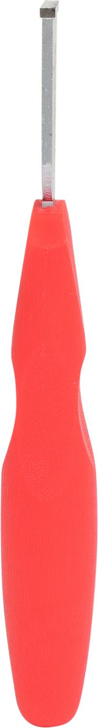 Ein rotes Nahtauftrenner-Werkzeug mit einem ergonomischen Griff und einer scharfen Metallspitze für das Entfernen von Nähten.