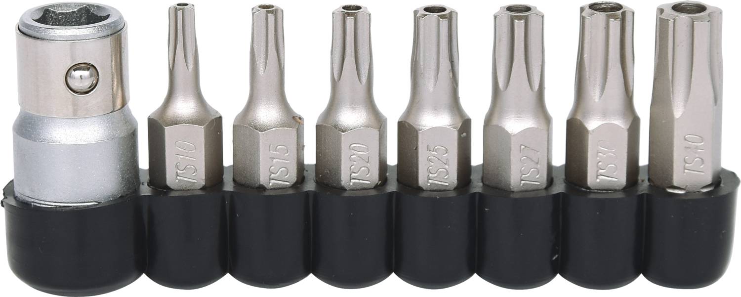 'Satz von sieben Schraubenzieherbits in verschiedenen Größen in einem schwarzen Halter. Bits aus Metall, von TS10 bis TS40.'