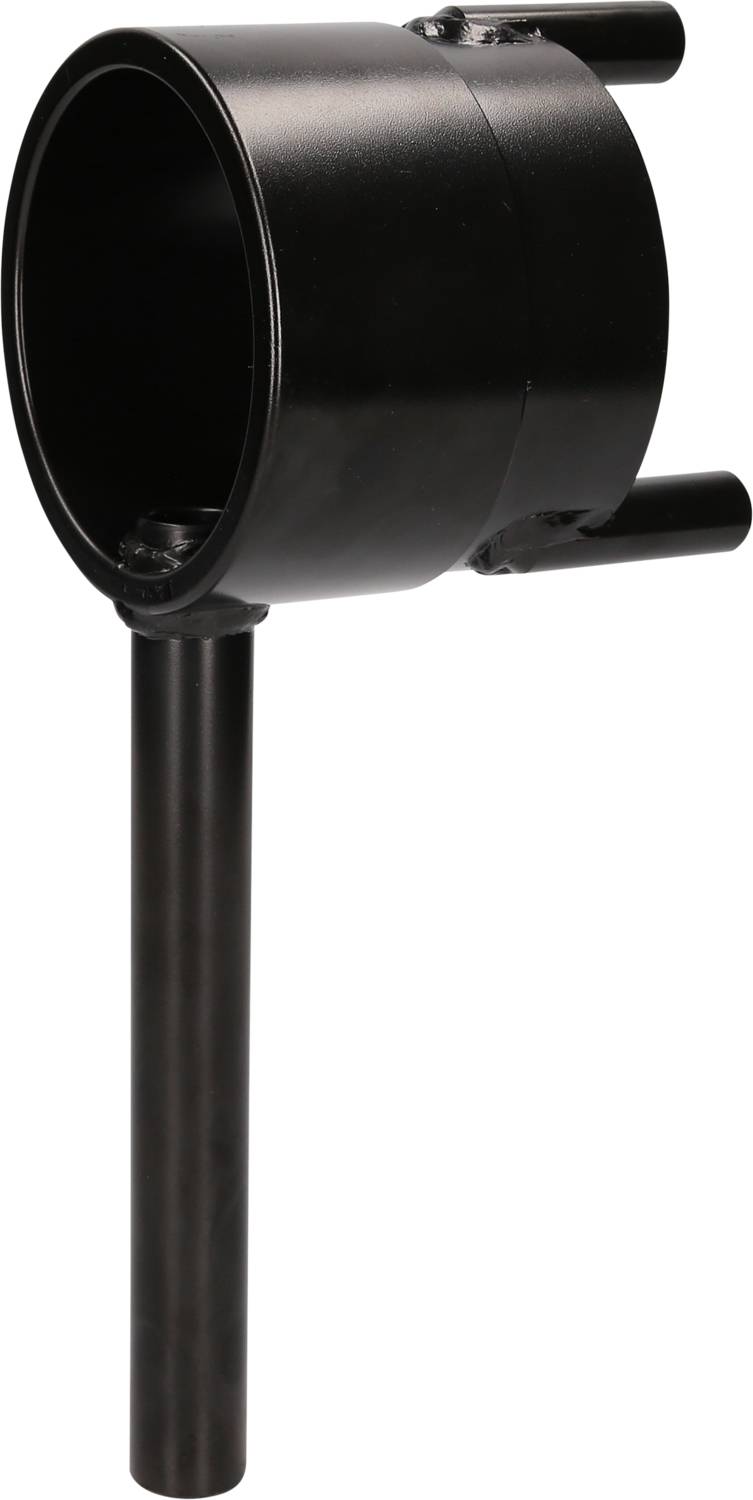Ein schwarzes, zylinderförmiges Metallteil mit einem Griff und zwei seitlichen Öffnungen, möglicherweise ein Werkzeugaufsatz.