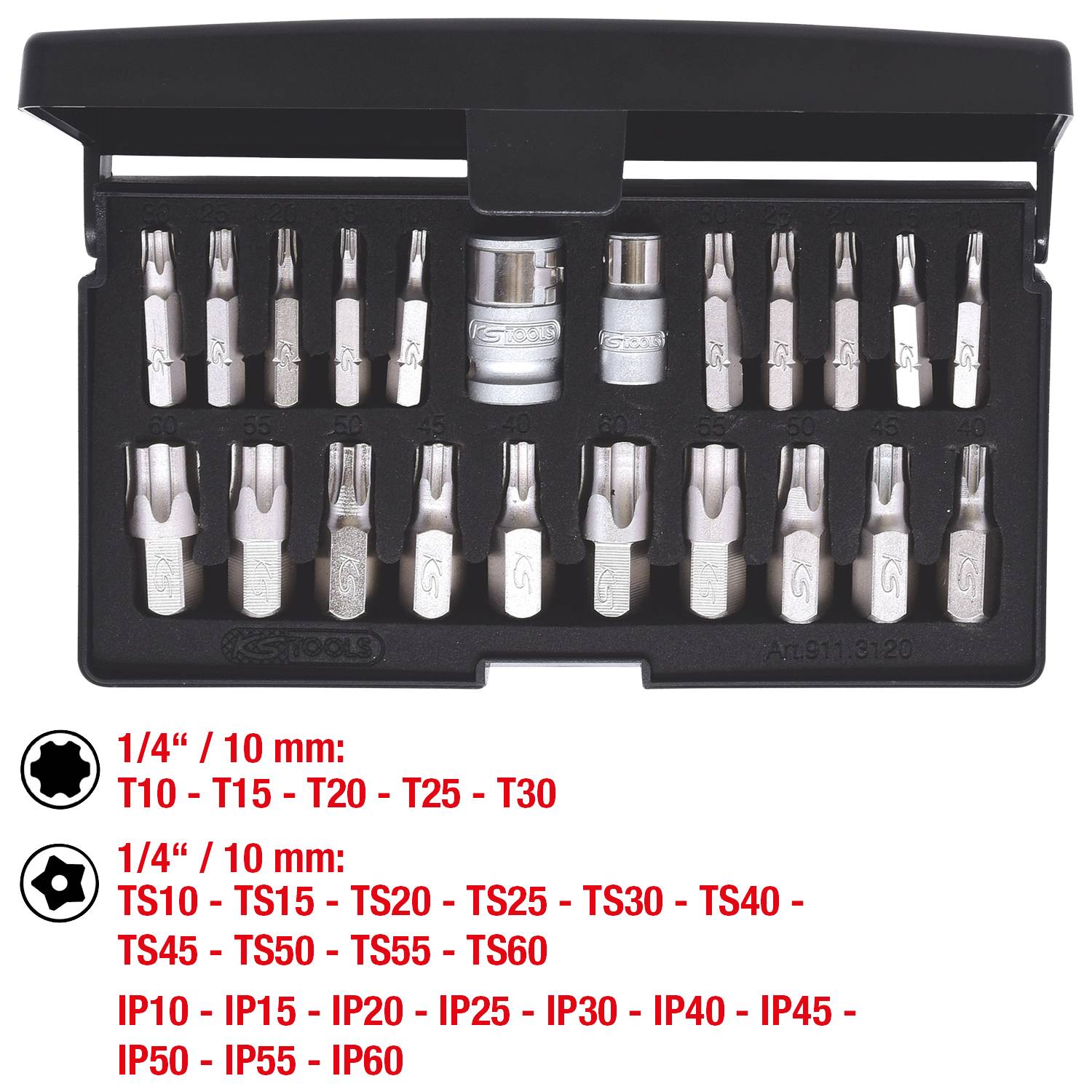 Ein Bit-Set mit verschiedenen Torx-Bits und Stecknüssen in einer schwarzen Halterung. Größen von T10 bis TS60 und IP10 bis IP60.