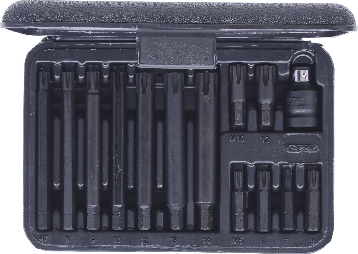 'Satz mit Torx-Stecknüssen in einer schwarzen Box, nummeriert von T6 bis T60, verwendet für Schraubverbindungen bei mechanischen Arbeiten.'