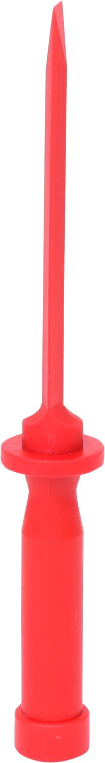 Roter Kunststoffstift mit spitzem, langem Ende, vermutlich ein elektrischer Prüf-/Messstift, ohne sichtbare Markierungen.