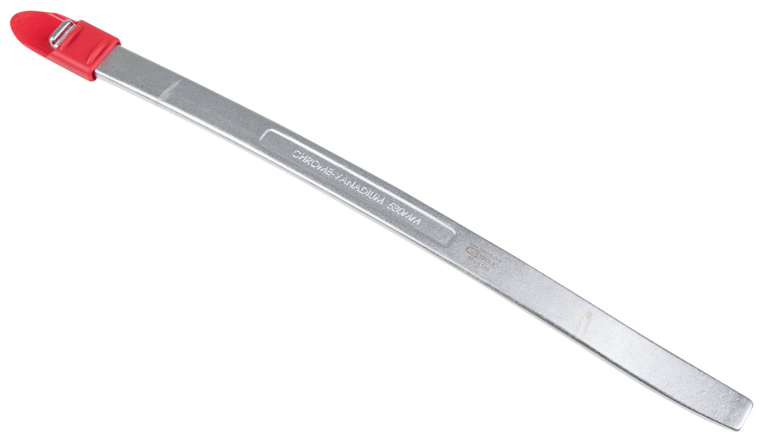 Metallstab mit rotem Griff, gebogen, mit der Aufschrift 'Chiara-Macchiavelli, Soka'. Werkzeug zur Bearbeitung von Stoffen.
