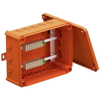 Oranger Verteilerkasten mit offenem Deckel, zeigt innenliegende Klemmenleisten und Kabelkanäle, für elektrische Installationen.