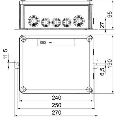 Technische Zeichnung eines rechteckigen Gehäuses mit Maßen: Breite 270 mm, Höhe 190 mm, Tiefe 95 mm. Oben befinden sich fünf Kabelanschlüsse.