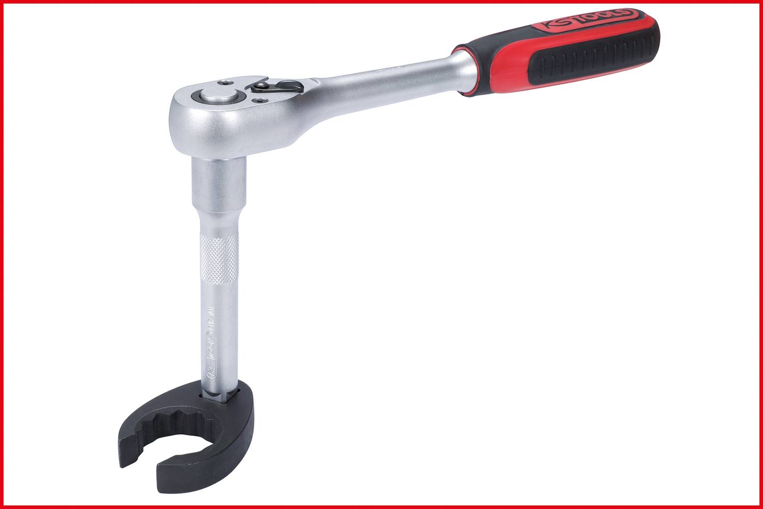 Ratschenschlüssel mit rotem Griffkopf und einem speziellen Aufsatz zum Öffnen von Wasserhähnen.