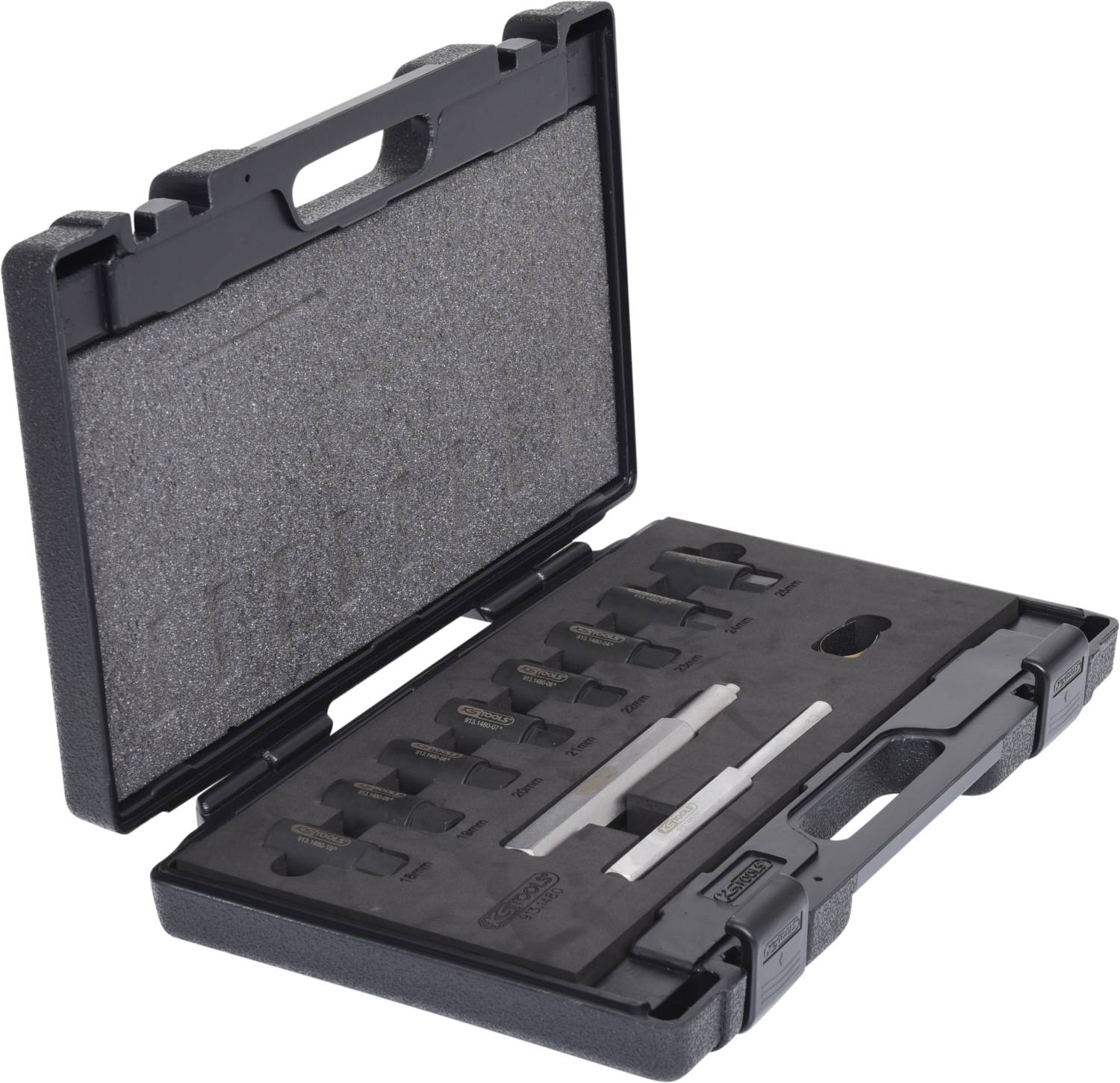 Offene schwarze Plastikbox mit mehreren Fächern und Werkzeugen. Hauptsächlich zum Aufbewahren und Transportieren von Werkzeugzubehör.