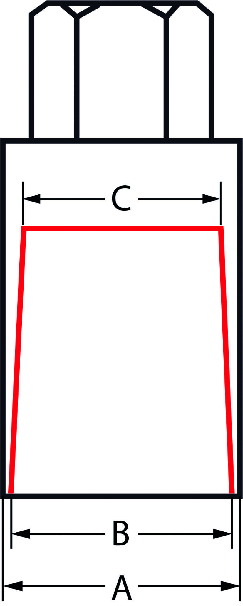 Diagramm zeigt eine Schraubensicherung. Bemaßungen: A unten, B mittig, C oben. Höhe durch rote Linien markiert.