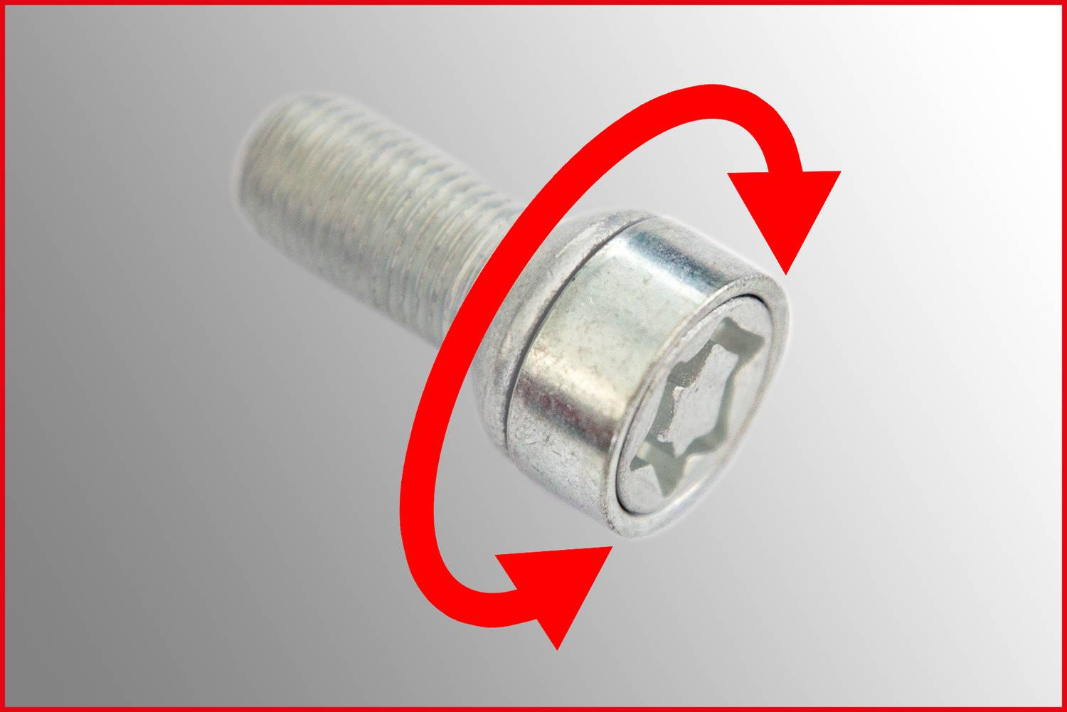 Eine Schraube mit Sechskantkopf wird von einem Pfeil umkreist, der eine Drehbewegung anzeigt.