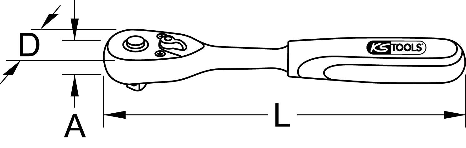 'Zeichnung eines Ratschenwerkzeugs mit den Maßen A und D. Rechts ist das KS Tools-Logo. Der Griff ist ergonomisch geformt.'