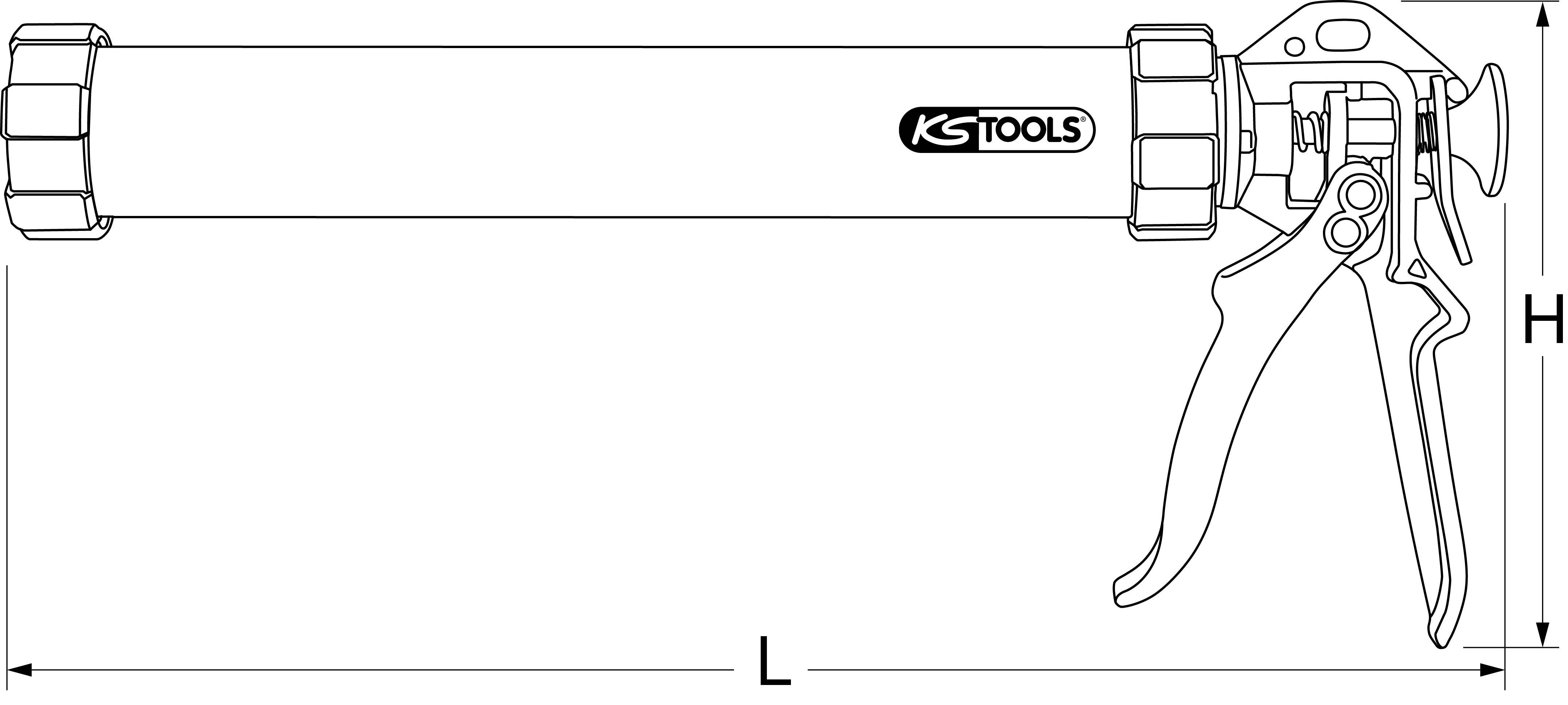 Technische Zeichnung einer Kartuschenpistole der Marke 'KS Tools' mit Abmessungen L und H auf der rechten Seite.