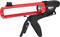 Eine rote Kartuschenpistole mit schwarzen Griffen und schwarzer Halterung, verwendet zum Auftragen von Dichtungsmitteln oder Klebstoffen.