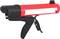Manuelle Kartuschenpistole mit rotem Körper und schwarzem Griff, zum Auftragen von Dicht- oder Klebstoffen verwendet.