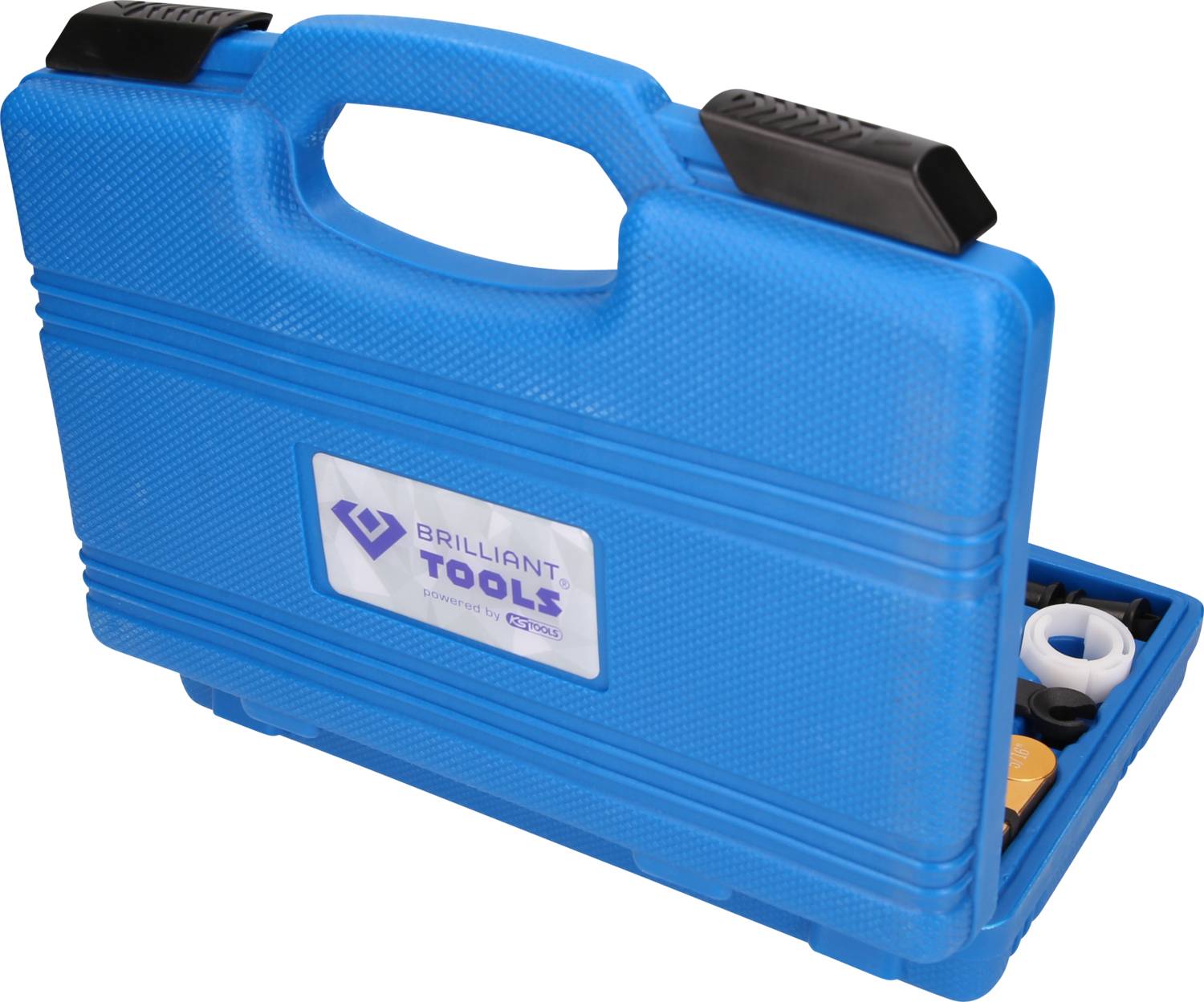 Ein blauer Werkzeugkoffer mit einem schwarzen Griff. Auf dem Koffer steht 'Brilliant Tools'. Der Koffer ist teilweise geöffnet.