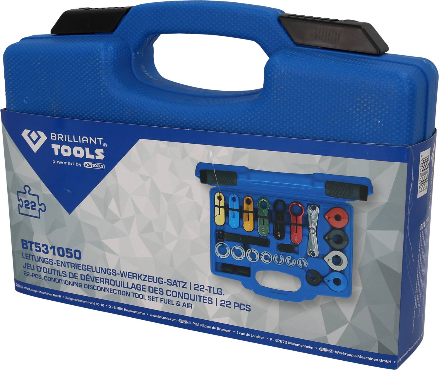 'Brilliant Tools' Werkzeugkoffer mit 22-teiligen Leitung-Entriegelungstools. Der Koffer ist blau und zeigt die Werkzeuge auf der Vorderseite.