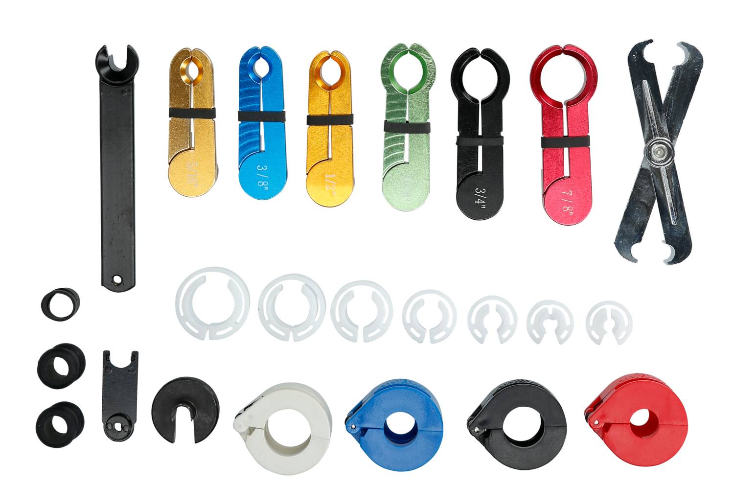 Verschiedene Werkzeuge zur Demontage von Kraftstoffleitungen in verschiedenen Farben und Größen, die nebeneinander angeordnet sind.