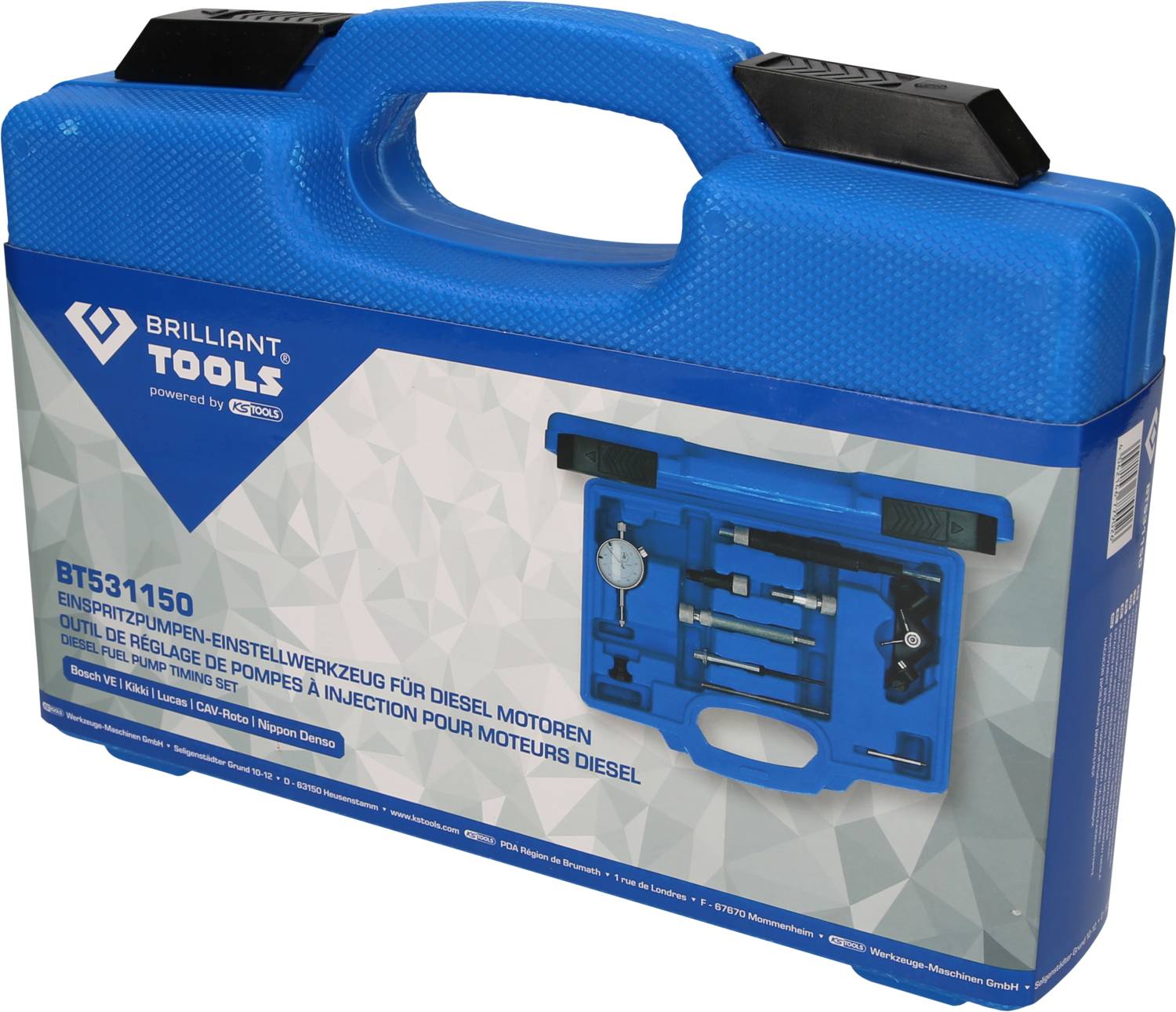 Blauer Werkzeugkoffer von 'Brilliant Tools', modell BT531150, für Diesel-Einspritzpumpen. Enthält diverse Werkzeuge zum Einstellen.