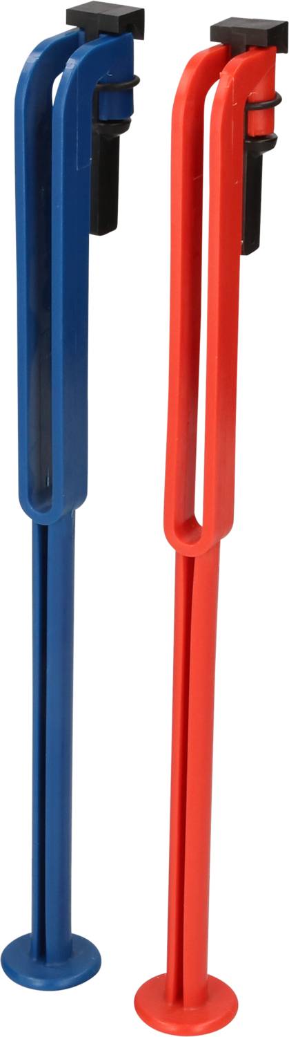Zwei parallel stehende, lange Kunststoffschlüssel in Blau und Rot, ähnlich einem Schraubenschlüssel, auf weißem Hintergrund.