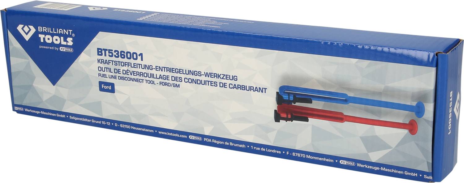 'Brilliant Tools BT536001 Kraftstoffleitungs-Entriegelungs-Werkzeug, Ford' auf einer blauen Produktverpackung, zeigt das Werkzeugbild.