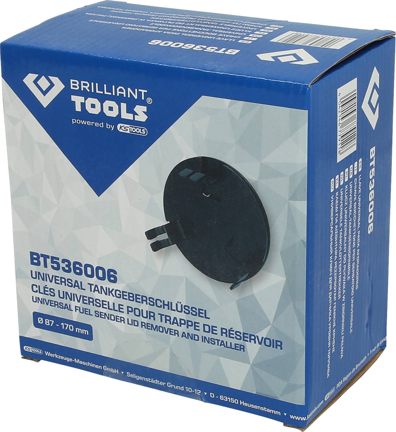 Blauer Karton mit der Aufschrift 'Brilliant Tools BT536006'. Enthält einen universellen Tankgeber-Schlüssel für Tankdeckel.