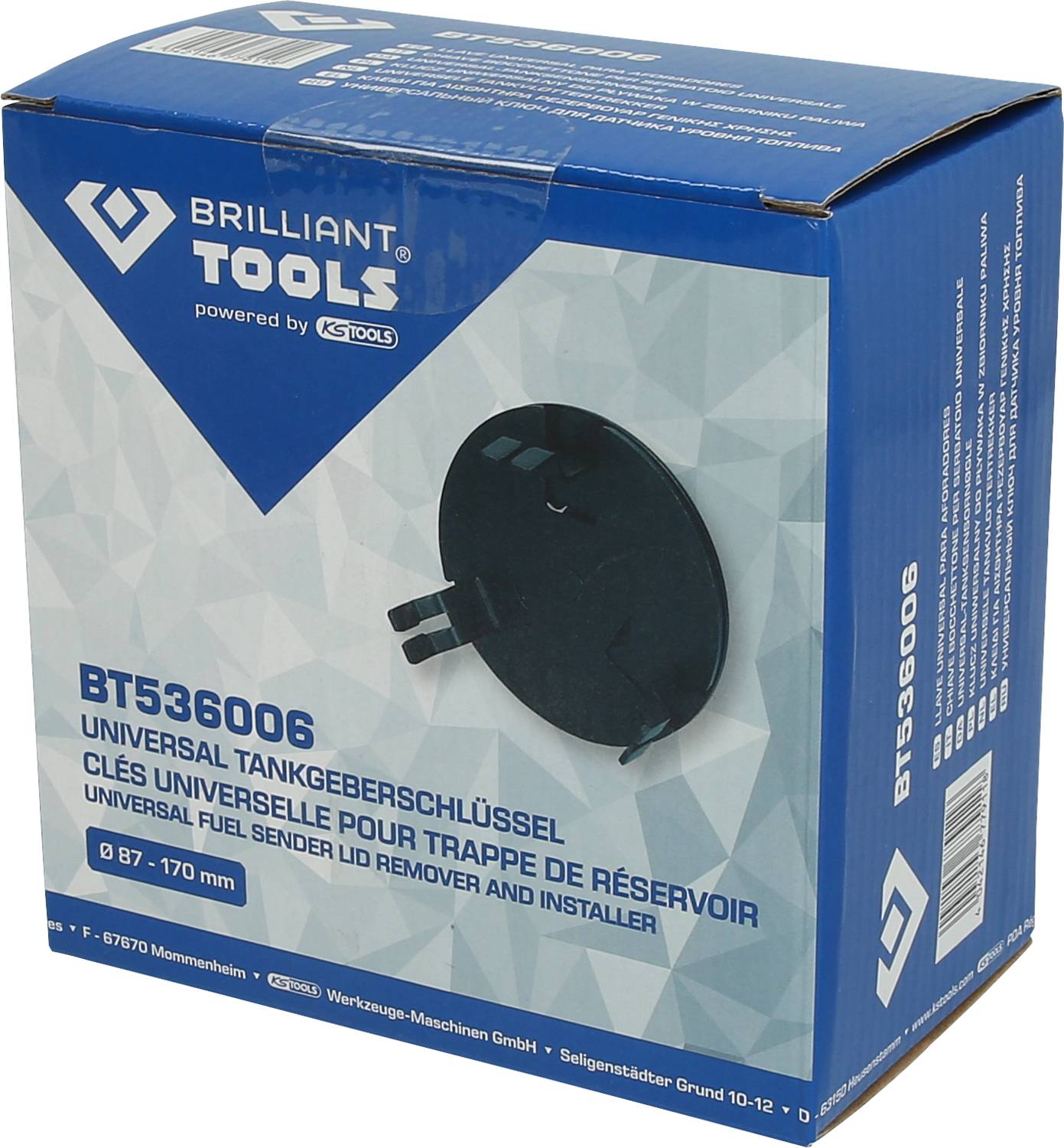 Verpackung eines universellen Tankgeberschlüssels, Modell BT536006, von Brilliant Tools. Enthält Informationen zu Anwendung und Größe.