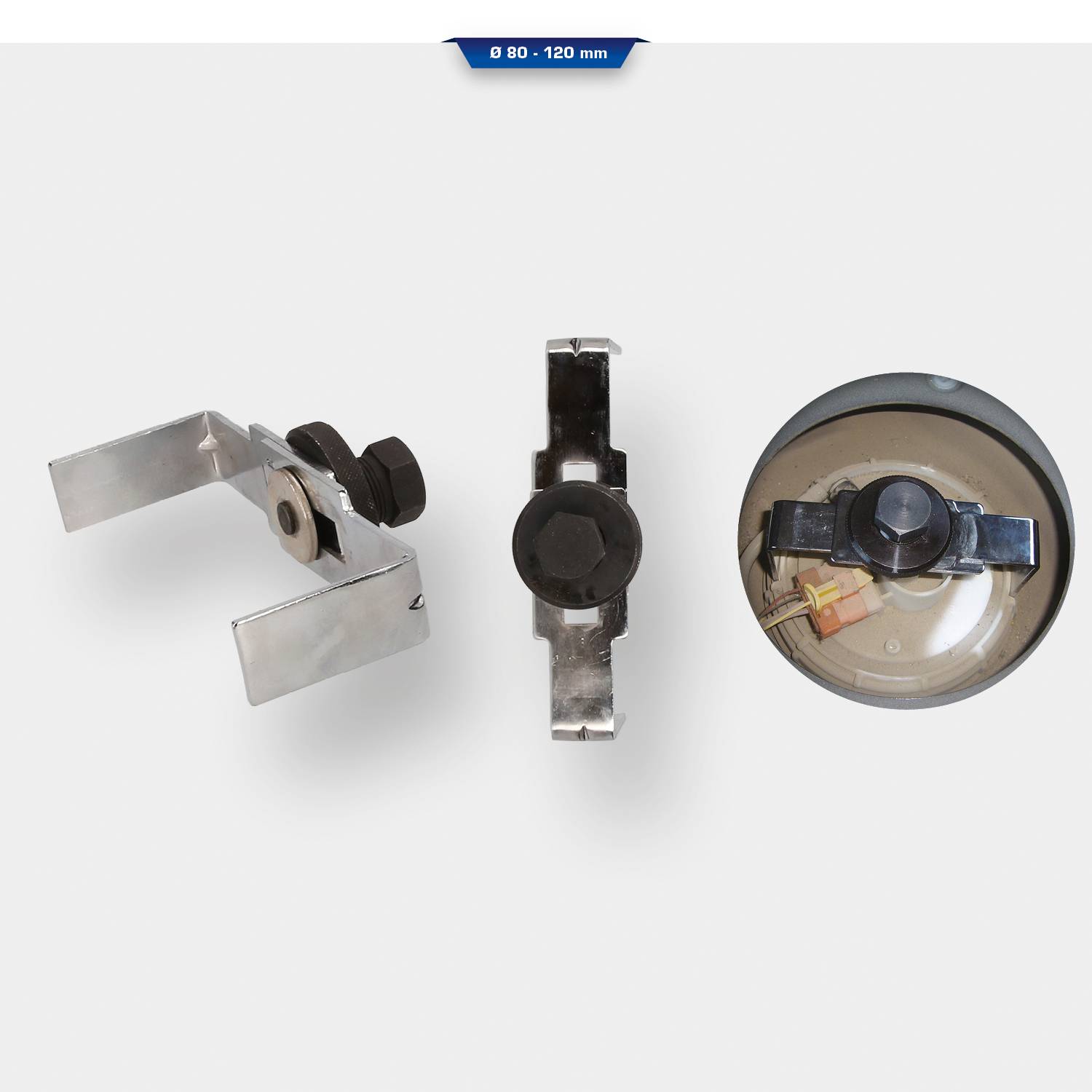 Drei Ansichten einer Metallhalterung mit Schrauben und Muttern, mittig platziert vor weißem Hintergrund, mit Maßangabe 'Ø 80 - 120 mm'.