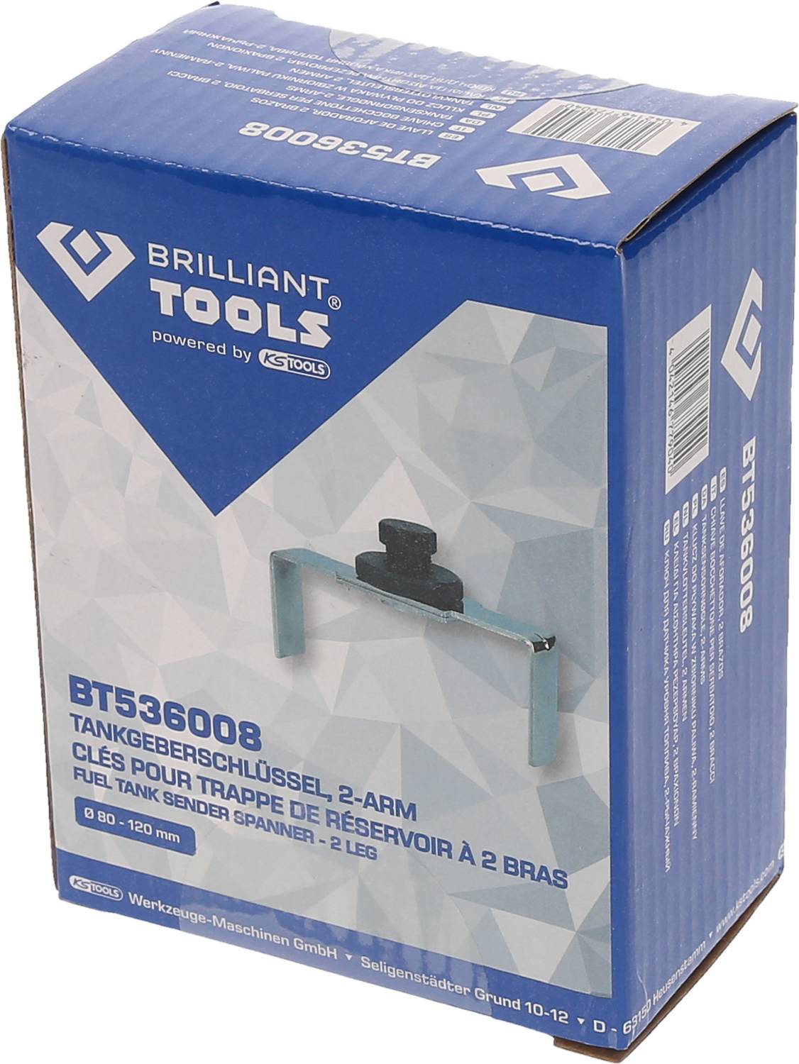 Verpackung eines Tankgeberschlüssels mit 2 Armen von Brilliant Tools. Enthält die Produktnummer BT536008 und ist für 80-120 mm Tanks geeignet.