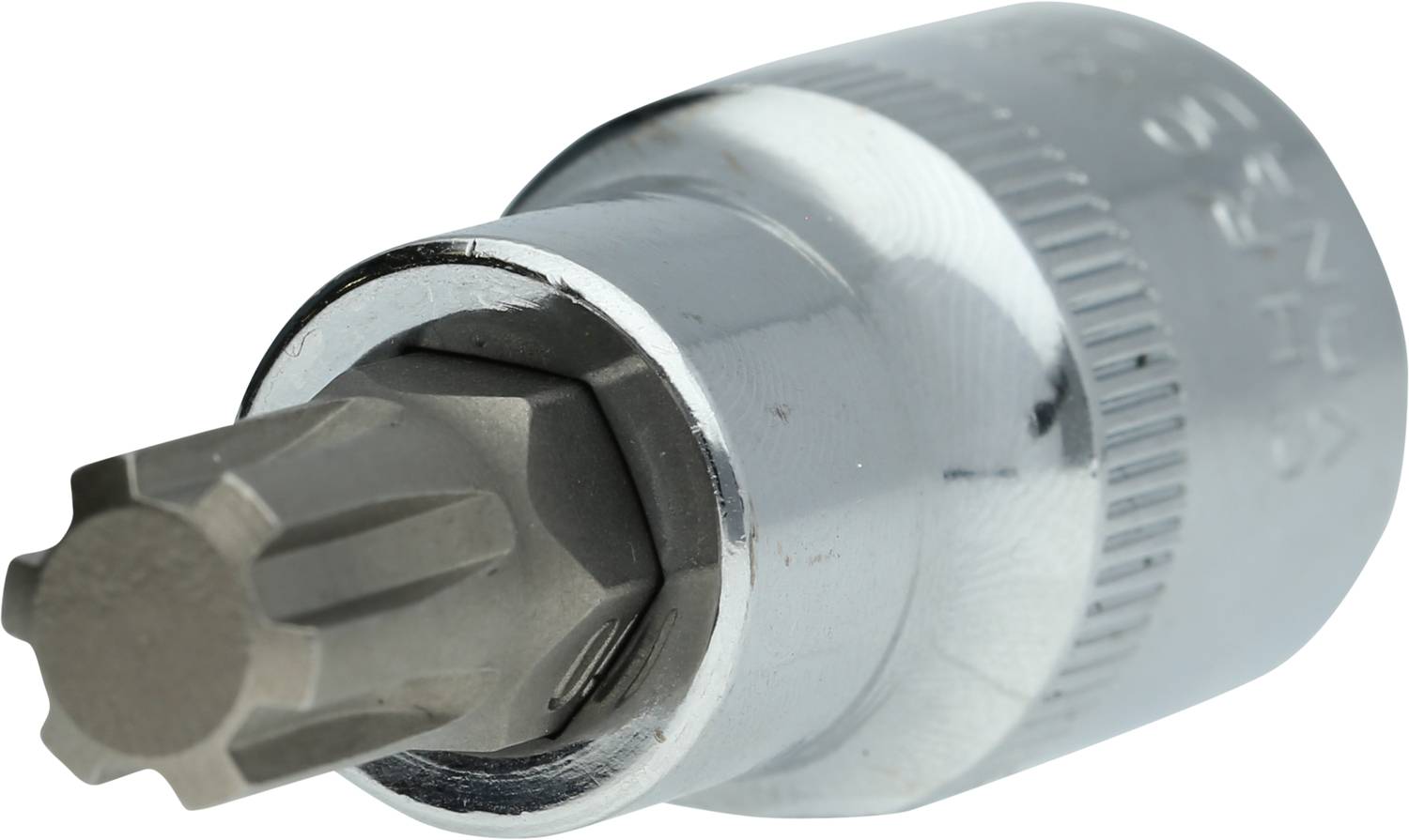 Steckschlüsselaufsatz mit mehrzahnförmigem Kopf, geeignet für spezielle Verschraubungen in der Mechanik.