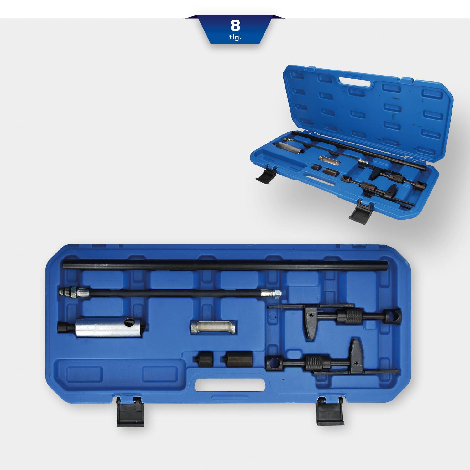 'Ventilfederspanner Set, 8-teilig, in blauem Koffer. Enthält unterschiedliche Werkzeuge zum Entfernen und Installieren von Ventilfedern.'
