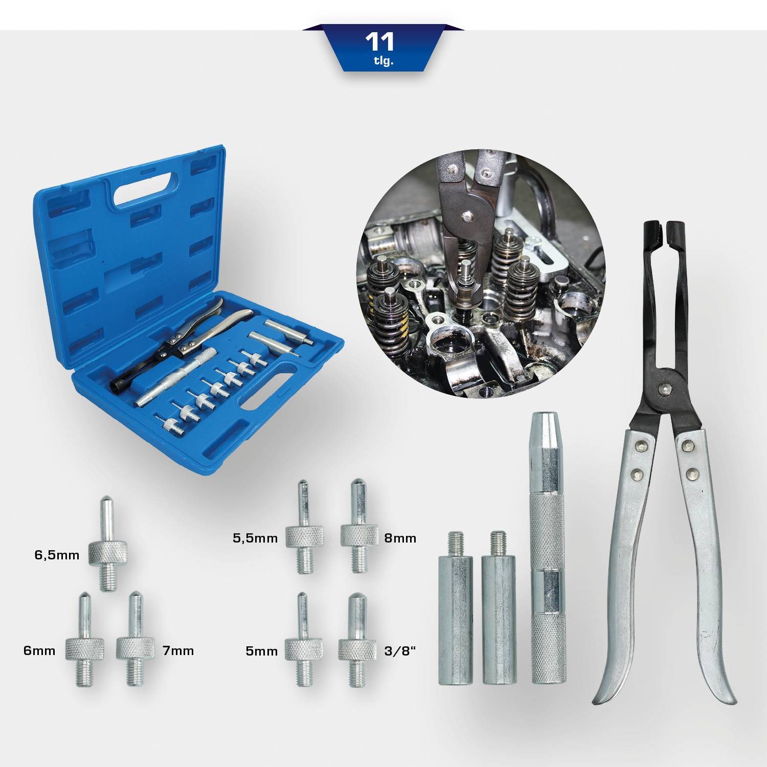 Ein 11-teiliges Ventilschaft-Dichtungswerkzeug-Set mit Koffer. Enthält verschiedene Adapter, eine Zange und Verlängerung, für Motorreparaturen.