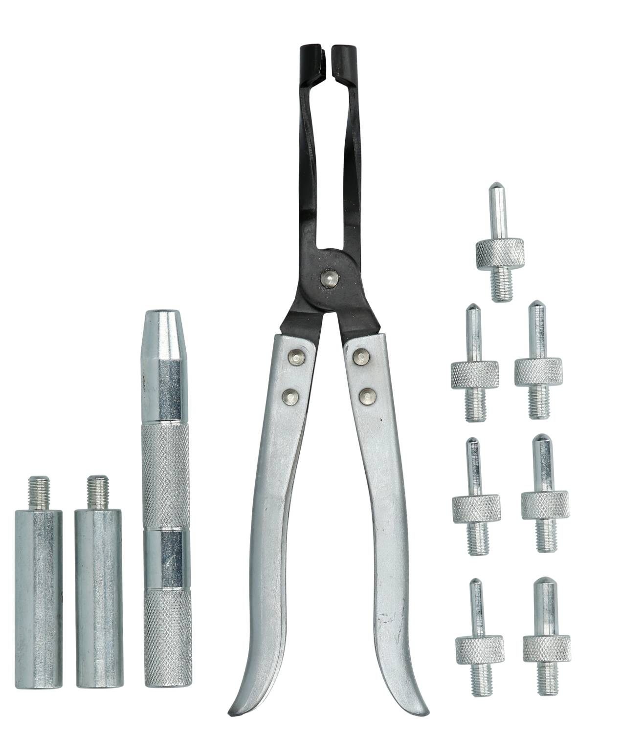 Metallwerkzeug-Set mit einer Zange, mehreren Adaptern und Aufsätzen. Geeignet für spezifische Reparatur- oder Installationsarbeiten.